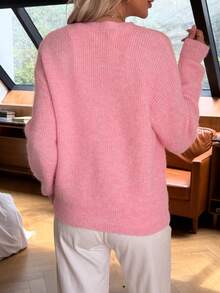 Women's V-Neck Cardigan - Lace Collar Decorated With Crystal Rhinestones, Solid Color Knit Sweater, Long Sleeve Open Front, Showcasing Feminine Casual Chic Style - Pink - View 2