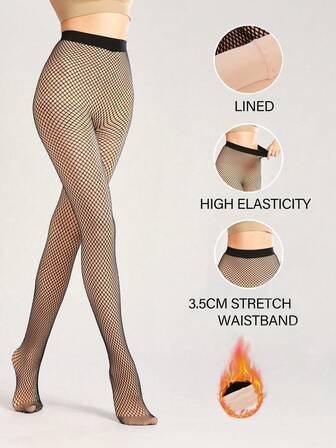 1 Pair 300D Black Basic Thermal-Lined Tights, Opaque Stirrup Pantyhose