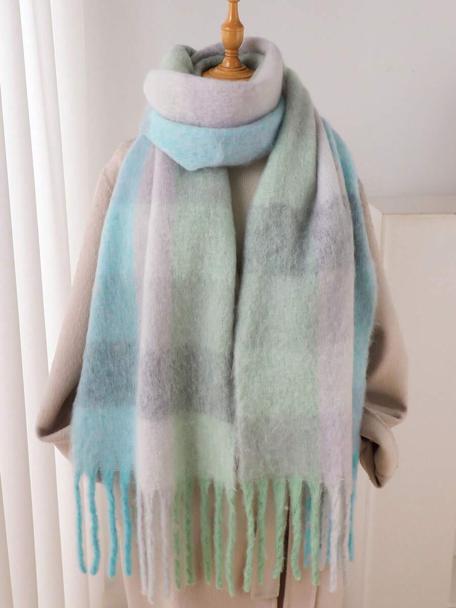 1 件装女士冬季围巾，马尾毛彩色条纹格子仿羊绒披肩，加厚保暖，女士时尚流苏拉绒围巾，户外女士披肩，连衣裙 - 彩色 - 查看 1