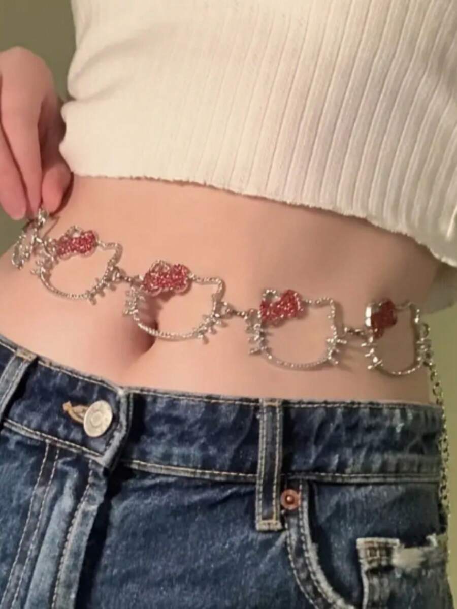 Sanrio Hello Kitty Women's Y2K Retro Sparkling -Adorned Belt With Heart Cutouts & Hello Kitty Face Charms - Adjustable Chain Strap, Hand Washable, Casual To Party Outfits, Christmas/Halloween Gift (Standard Size) - Cute Anime Accessory With Glittery Heart-Shaped Hello Kitty Charms, Y2K/ Retro Style, Perfect For Beach, Evening Outings, And Festive Occasions, Secure Buckle Closure, No Feathers, Ideal For Casual Wear And Special Events