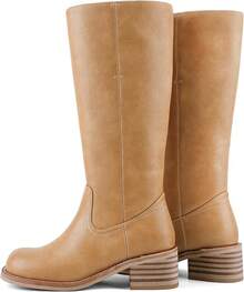 Women's Knee High Chunky Block Heel Square Toe Low Heel Boots, Style - Brown - View 5