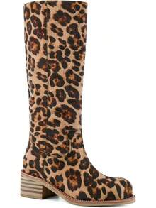 Women's Knee High Chunky Block Heel Square Toe Low Heel Boots, Style - Leopard - View 12