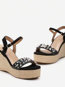 Boho Crystal Wedge Sandals Women Summer Beach Casual - Black - View 6