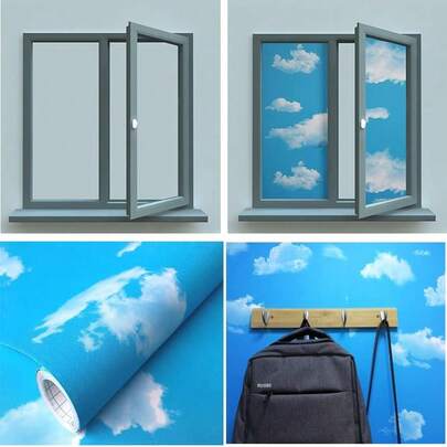 1 Rolle Tapete mit blauem Himmel und weißen Wolken, PVC-wasserfest und fleckresistent, geeignet für Wohnzimmer, Schlafzimmer, Hintergründe, Wände, Türen, Fenster, Decken, Wandaufkleber, Heimdekoration, einfache Montage, 45cm x 100cm/300cm/500cm
