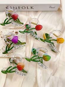 1 pieza/6 piezas/12 piezas Pinza de pelo de plástico ABS con diseño floral de tulipán, pinza de pelo dulce, accesorios para el cabello para mujeres, elegante pinza de invierno