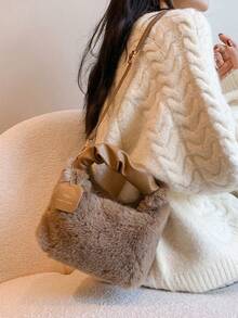 1 Piece Fairy 毛绒包手提包女时尚单肩斜挎包秋冬毛绒包百搭网红信封吊牌包，时尚毛绒手提包，女士毛绒斜挎包，圣诞礼物 - 彩色 - 查看 4