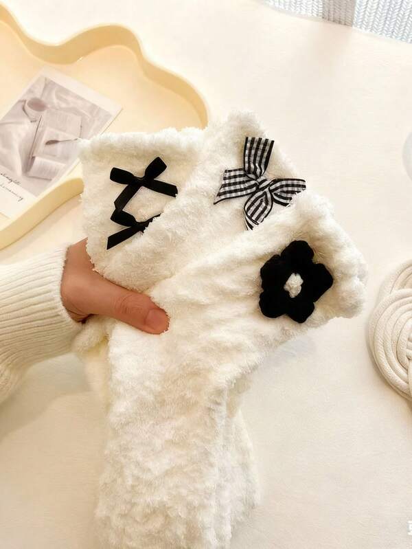 3 Paar dicke Korallenfleece Schleife Knöchelsocken, warme Bodensocken & Schlafanzugsocken, Herbst/Winter