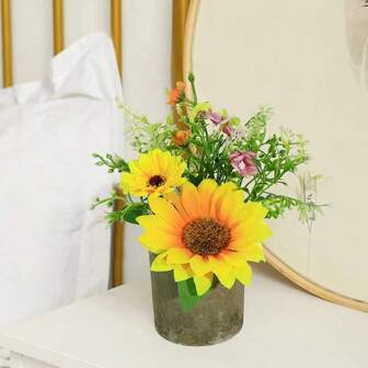 1pc Realistic Artificial Sunflower Potted Plant, Yellow Fake Flower Pot, Maintenance-Free Artificial Plant, Suitable For Home And Office, Seasonal Decor, Best For Desktop Ornament - Holiday Decoration - Thanksgiving Christmas Decor