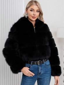 Elegant Women Black Fashion Warm Faux Fur Hooded Regular Length Long Sleeve Regular Sleeve Coat For Winter Christmas And New Year Vacation - Black - View 6