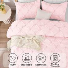Baby Pink Queen Comforter Set - 3 Pieces Boho Pintuck Lightweight Soft & Warm Bed Comforter With 2 Pillowcases For All Season - 淺粉色 - 查看 4