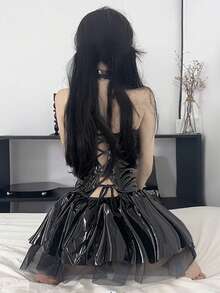 一套（项圈*1 + 连衣裙*1）性感泰迪熊内衣，万圣节角色扮演洛丽塔性感女巫恶魔宝贝服装 - 黑色 - 查看 4
