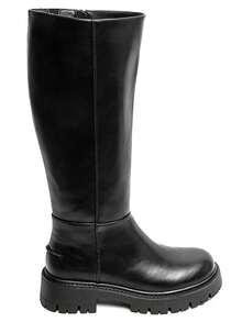 Modern Style Smooth Leather Over-The-Knee Boots With Grooved Sole And Zipper Fastener - Black - View 3