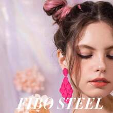 FIBO STEEL Acrylic Petal Earrings For Women Red Statement Earrings Dangle Rhombic Boho Flower Lime Green Orange Rose Big Bold Colorful Costume Jewelry Long Drop Dangle Earrings{"Color_name":"RosePink"} - 玫瑰粉紅 - 查看 4