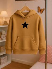 DEVIT - Sudadera negra para niña con capucha y estrella plateada al frente, estilo casual moderno sin jareta, ideal para invierno o uso diario, tela suave tipo french terry - Camel - Ver 2