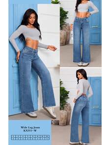 pantalon jeans mujer dama wide leg, recto, pierna ancha, pierna recta, moda stretch comodo, mom - Azul - Ver 1