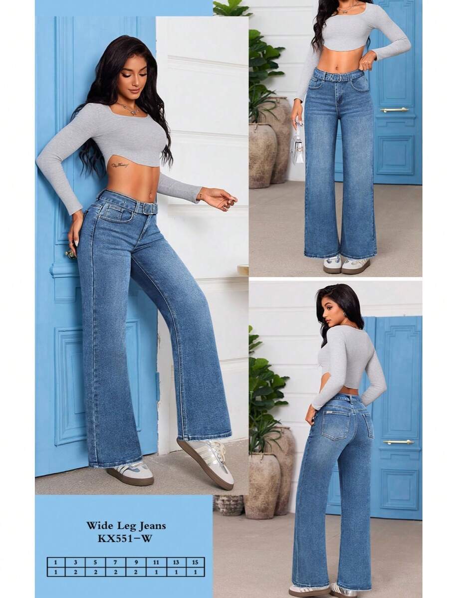 pantalon jeans mujer dama wide leg, recto, pierna ancha, pierna recta, moda stretch comodo, mom - Azul - Ver 1