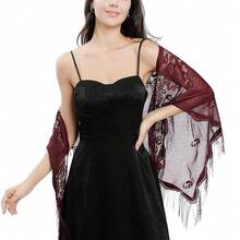 Ladiery Triangle Lace Shawls And Wraps For Evening Dresses With Tassels For Evening Party Mesh Wedding Shawls{"Color_name":"PurplishRed"} - PurplishRed - View 4