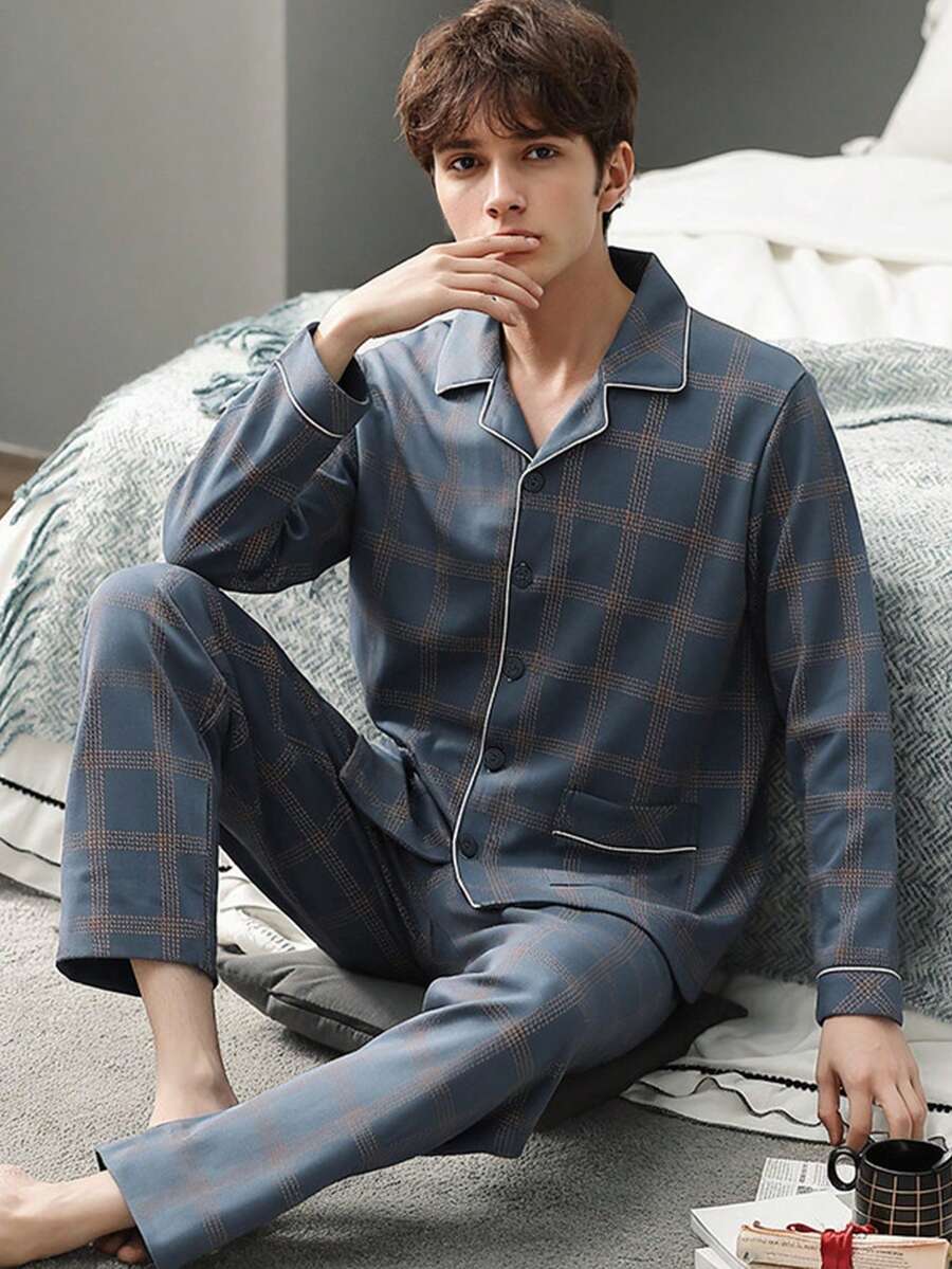 2件組男士長袖襯衫與長褲睡衣套裝-翻領襯衫式睡衣+直筒睡褲-時尚休閒居家服,適合戶外穿著 - 彩色 - 查看 1