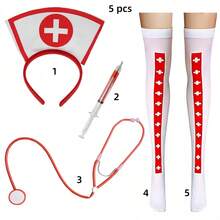Conjunto de 5/7 peças para cosplay de Natal, adereços para fantasia de Halloween, adereços divertidos de enfermeira, brinquedo adulto, adereços de enfermeira para simulação de médico, uniforme de enfermeira para festa em bar, itens de novidade para adultos, adereços para fantasia de enfermeira: estetoscópio, touca de enfermeira, meias de enfermeira, tiara cruzada sexy de enfermeira, ideal para brincadeiras de Dia dos Namorados, para todas as estações (casal, brincadeiras de faz de conta, fantasia de enfermeira)