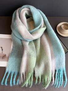 1 件装女士冬季围巾，马尾毛彩色条纹格子仿羊绒披肩，加厚保暖，女士时尚流苏拉绒围巾，户外女士披肩，连衣裙 - 彩色 - 查看 5