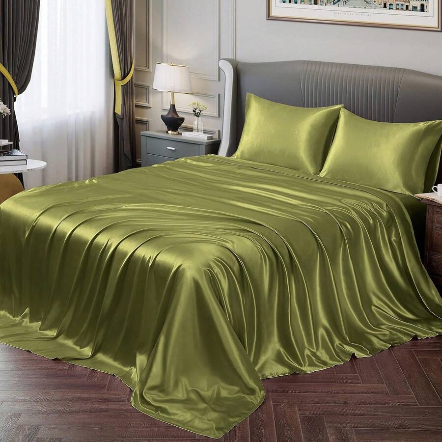 Silky Soft Pink Twin XL Satin Bed Sheets Set, 1 Deep Pocket Fitted Sheet + 1 Flat Sheet + 1 Pillowcase, In 2025 - Sage Green - View 1