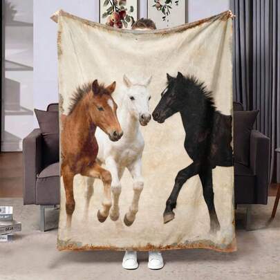 1 pieza Manta de franela con estampado de caballo, regalo para familiares y amigos, manta de oficina, manta pequeña, manta de coche, manta cómoda y cálida para sofá, oficina, camping, apta para todas las estaciones