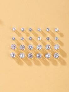 12pairs Cubic Zirconia Decor Stud Earrings - 銀色 - 查看 1