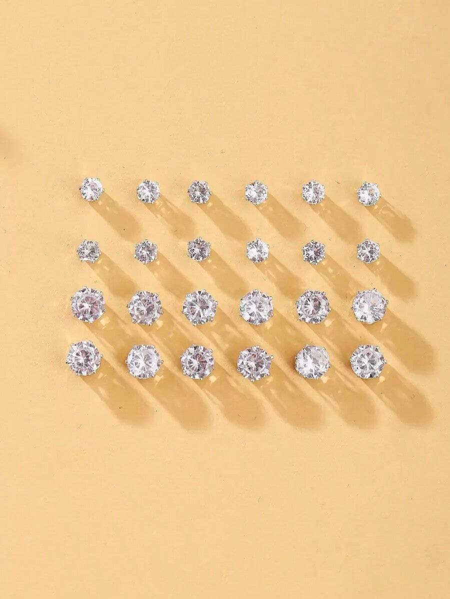 12pairs Cubic Zirconia Decor Stud Earrings - 銀色 - 查看 1