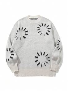 男士休闲宽松太阳图案套头衫，街头风格，圆领，长袖，秋冬 - 灰色 - 查看 2