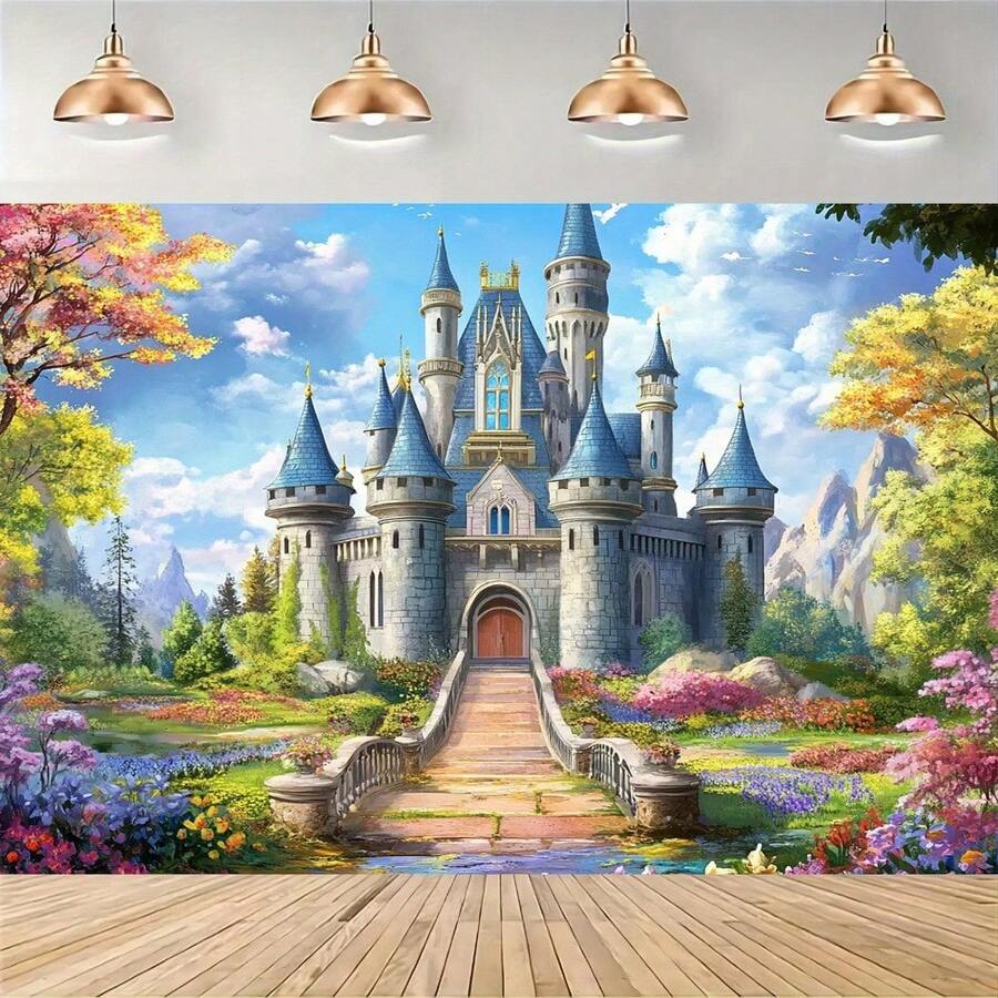 1 件 2D 平面童话城堡背景横幅，一座魔法城堡矗立在鲜花盛开的草地上。派对装饰横幅，无需用电
