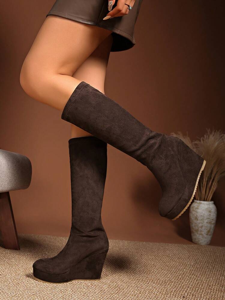 Wedge Knee-High Boots For Women, Suede Bohemian Style Winter Boots, Super High Heel Boots, Bohemian Style Thigh-High Boots With Fur Lining, New Retro Boots, Chunky Heel Round Toe Versatile Ankle Boots, Platform Sole - Coffee Brown - View 3