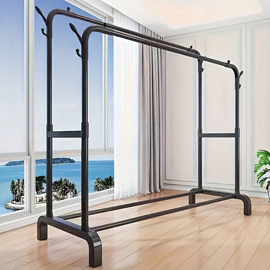 Senmeo Metal Twin Rod Clothes Rack 150-Lb Heavy-Duty Capacity, Portable With Wheels/Shelves/Hooks, Easy Assembly Space-Saving, Fit For Mall/Home Closet Storage - màu đen - Xem 1