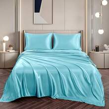 Silky Soft Pink Twin XL Satin Bed Sheets Set, 1 Deep Pocket Fitted Sheet + 1 Flat Sheet + 1 Pillowcase,  In 2025 - 天藍色 - 查看 4
