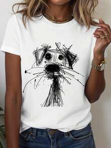 Selamara Camiseta de manga corta de cuello redondo casual para mujer con estampado de garabatos de perritos, versátil para el verano - Blanco - Ver 7