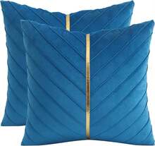 Navy Blue Velvet Throw Pillow Covers 18 X 18 Inch Pack Of 2 With Gold Leather Decor For Couch, Luxury Modern Pillowcases For Living Room, Bedroom Sofa Cushion Bed - 湖藍色 - 查看 12