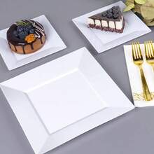50 platos de plastico elegantes, Platos Elegantes Reutilizables para, Reutilizables, Incluye 25 Platos Grandes 25 y 25 Platos medianos 16cmplatos de plastico elegantes para bodas y fiestas - BLANCO - Ver 4