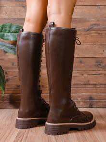 2025年圣诞节女士最新款侧拉链紧身靴，棕色系带过膝高筒靴，侧拉链靴，摩托车靴，复古厚底防寒内衬中筒靴，英伦风时尚靴子，马靴，加大码 - 棕色 - 查看 6