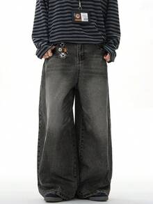 1pc Vintage Washed Loose Fit Distressed Wide Leg Boyfriend Jeans, Casual & Versatile Unisex Style
