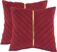 Navy Blue Velvet Throw Pillow Covers 18 X 18 Inch Pack Of 2 With Gold Leather Decor For Couch, Luxury Modern Pillowcases For Living Room, Bedroom Sofa Cushion Bed - 紅色 - 查看 15