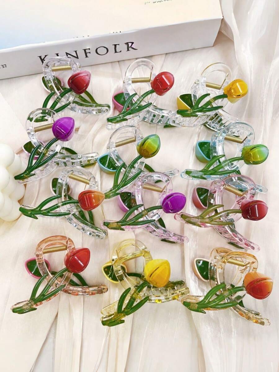 1 pieza/6 piezas/12 piezas Pinza de pelo de plástico ABS con diseño floral de tulipán, pinza de pelo dulce, accesorios para el cabello para mujeres, elegante pinza de invierno