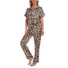YIJIU Womens Silk Satin Pajamas Set Short Sleeve Sleepwear Soft Button Down Loungewear Two-Piece Pjs Sets XS-XXL{"Special_size_type":"Long","Size_name":"XX-Large","Color_name":"Leopard"} - 多色8 - 查看 5