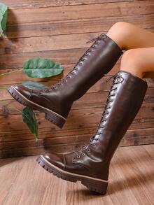 2025年圣诞节女士最新款侧拉链紧身靴，棕色系带过膝高筒靴，侧拉链靴，摩托车靴，复古厚底防寒内衬中筒靴，英伦风时尚靴子，马靴，加大码 - 棕色 - 查看 3