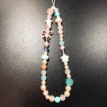 Pink & Blue Beaded Phone Lanyard, Bow Accent Bead Strap, Preppy Aesthetic Wrist Cord For IPhone