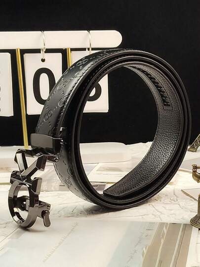 1pc Men's Letter Plaid Pattern Belt, Business Casual Stylish High-End Alloy Automatic Buckle Letter Buckle Men's Waist Belt