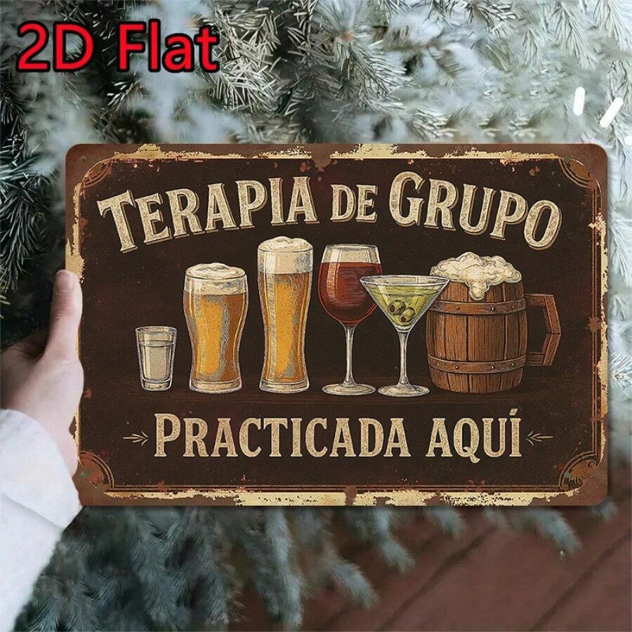 2D Flat, 1pc Vintage Metal Wall Art Sign With "Terapia De Grupo Practica Aqui" Spanish Quote & Beer/Cocktail Illustrations - Rustic 29.97cm X 19.81cm Metal Decor For Man Cave, Kitchen, Bar, Office, Patio, Metal Wall Decor, Office Decoration, Retro Design, Patio Decoration, Farmhouse Style, Bar Owners, 2D Flat - 彩色 - 查看 1