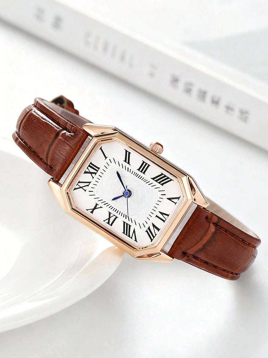 1pc Quartz Analog Watch, Square Roman Numeral Dial, Vintage Formal Watch, Rhinestone Decorated Wristwatch - Brown - View 1