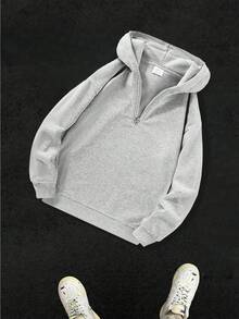 Men's Solid Color Casual Half-Zip Hooded Loose Fit Sweatshirt, 2025 Autumn/Winter Commuter Wear, Long Sleeve Top - Grey - View 10