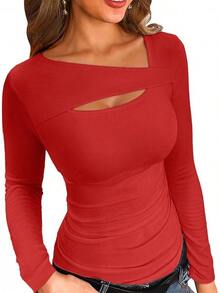 Womens Fashion Fall Cutout Long Sleeve Ribbed Slim Fitted Tops Shirts Tee Tshirts - Long-red - View 12