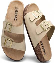 GETAC CHANCLAS MUJER, SANDALIAS HOMBRE con Plantilla de corcho Suela Antiderrapante EVA PANTUNFLAS Unisex, Broche hebilla con Correas ajustables Cómodas estilo casuales playa. - Gris pardo - Ver 10