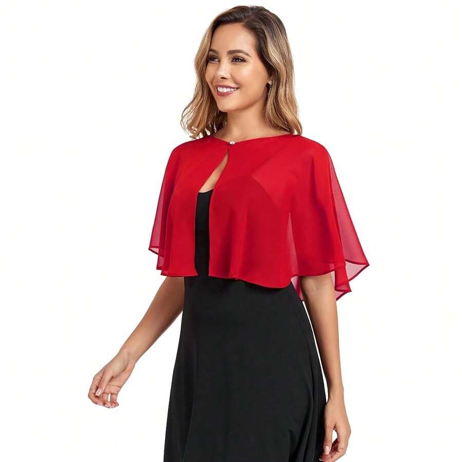 Women's Soft Chiffon Capelets Shawls And Wraps For Evening Wedding Cape Bole Cover Up{"Color_name":"Red"} - Merah - View 1